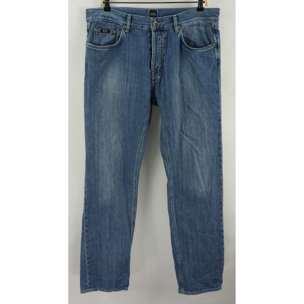 Hugo Boss Men's 36 x 34 Medium Blue Denim Mid Rise Button Fly Straight Leg Jeans